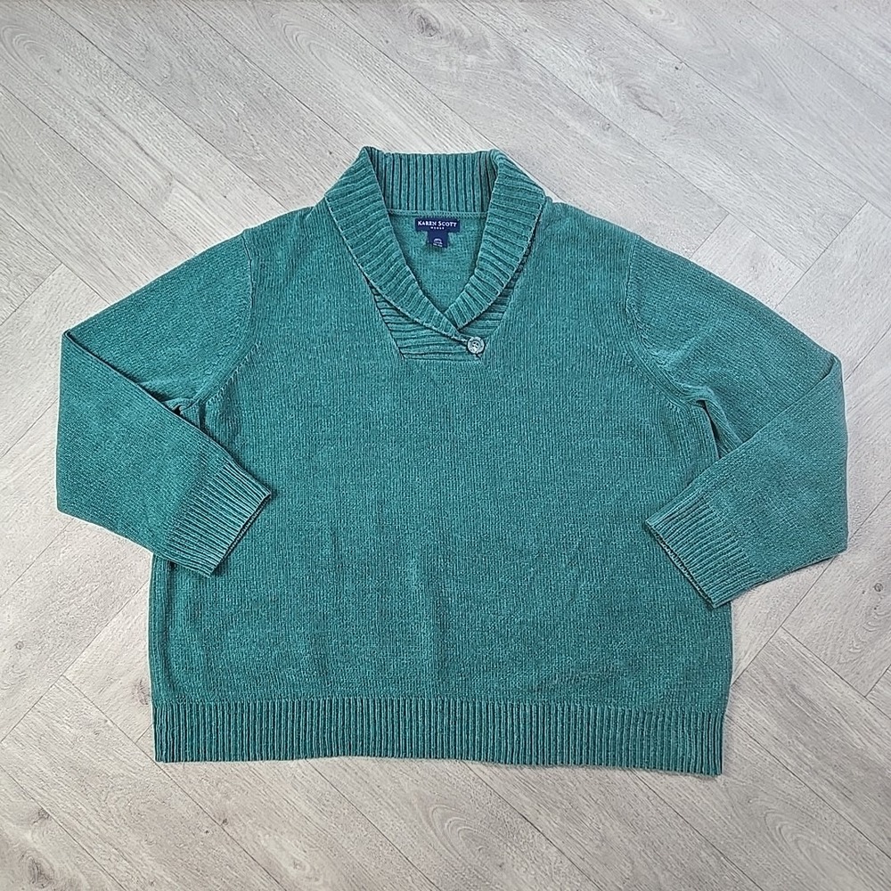 Karen Scott Womens 1X Long Sleeve Sweater Teal Marine Green Marled Pullover Knit